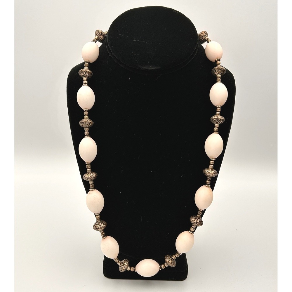 Vintage Cream Oval Beaded Necklace Antiqued Bronze Filigree Spacers 24 Inch Boho